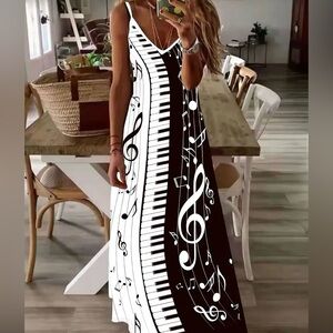 Piano maxi dress black white music notes musician tank dresses size 14 1X